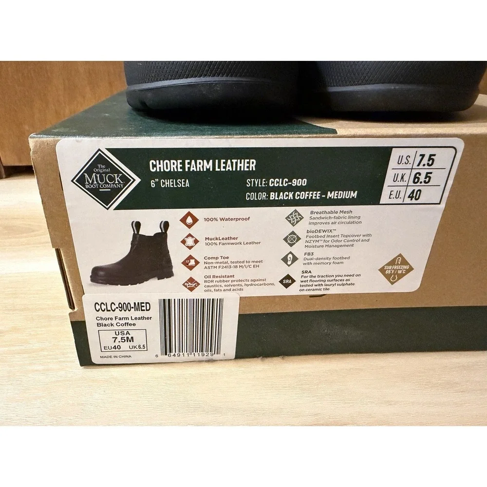 Muck Boots Mens 7.5 EU 40 Chore Farm Black Leather Waterproof Chelsea Boots Comp